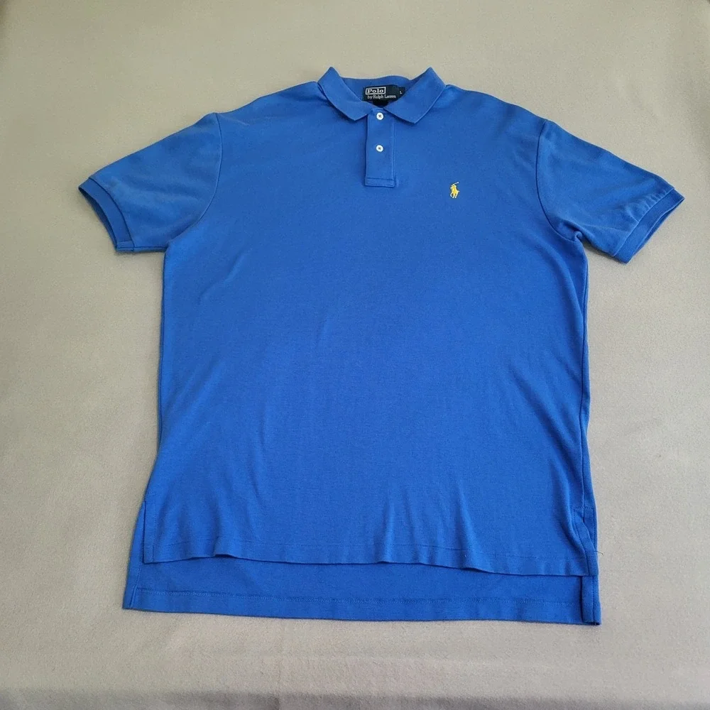 Polo By Ralph Lauren Blue Polo Shirt Men's L Yellow Pony Short Sleeve Collared